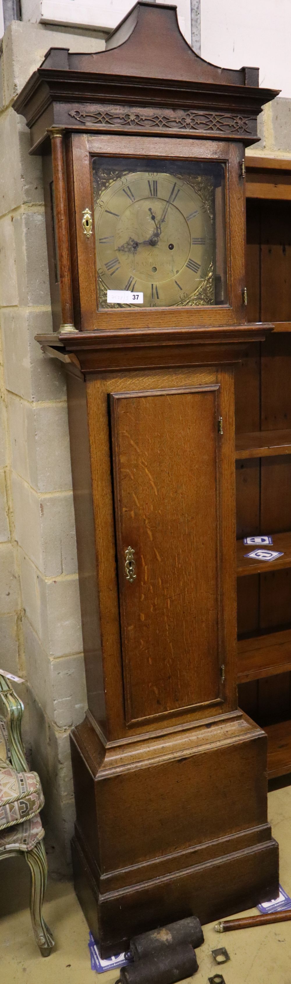 A George III oak eight day longcase clock, the square brass dial marked Brice of Sandwich, height 210cm
